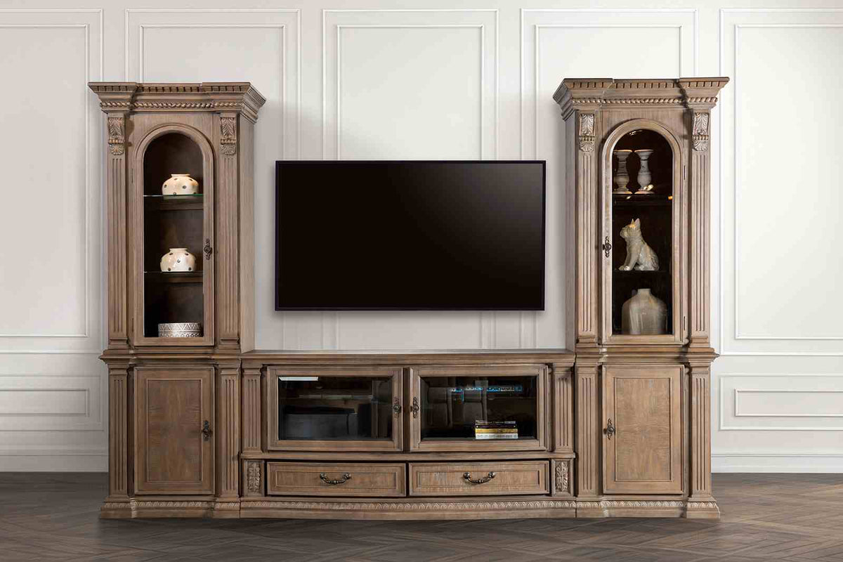 Bromoak Traditional Entertainment Center with Carved Details - Complete Entertainment Center (5pcs)