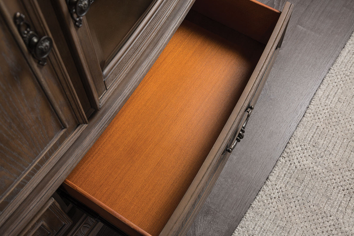 Bromoak Traditional Entertainment Center with Carved Details - Console & Piers in Weathered Oak – Brown & Natural, view 6