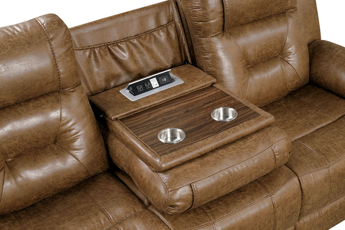 Ezekius Manual Reclining Sofa, Loveseat & Sectional - Drop-Down Table with USB & Cup Holders in Brown – Brown, view 9