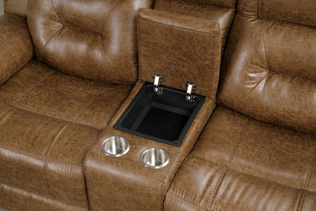 Ezekius Manual Reclining Sofa, Loveseat & Sectional - Drop-Down Table with USB & Cup Holders in Brown – Brown, view 6