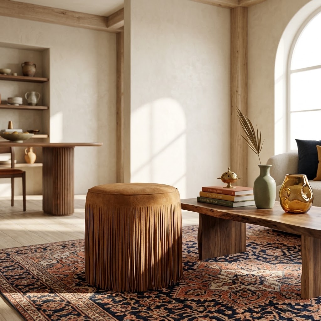 Daphne Round Suede Fringe Accent Ottoman - Modern Glam & Multipurpose Seating