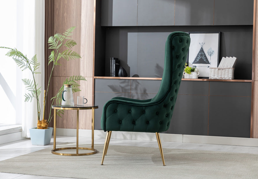 Three-quarter view of the Blair accent chair with gold legs.