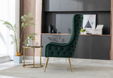 Three-quarter view of the Blair accent chair with gold legs.