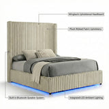 Allana Wingback Upholstered Bed with LED Light & Bluetooth Speakers