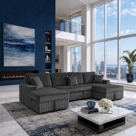 A modern gray corduroy sectional sofa with matching throw pillows in a high-rise apartment living room with a blue accent wall, fireplace, and large windows overlooking a city skyline.