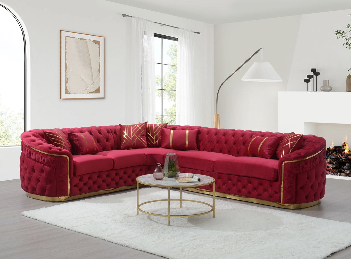 Modern living room setting featuring a gray velvet tufted corner sectional
