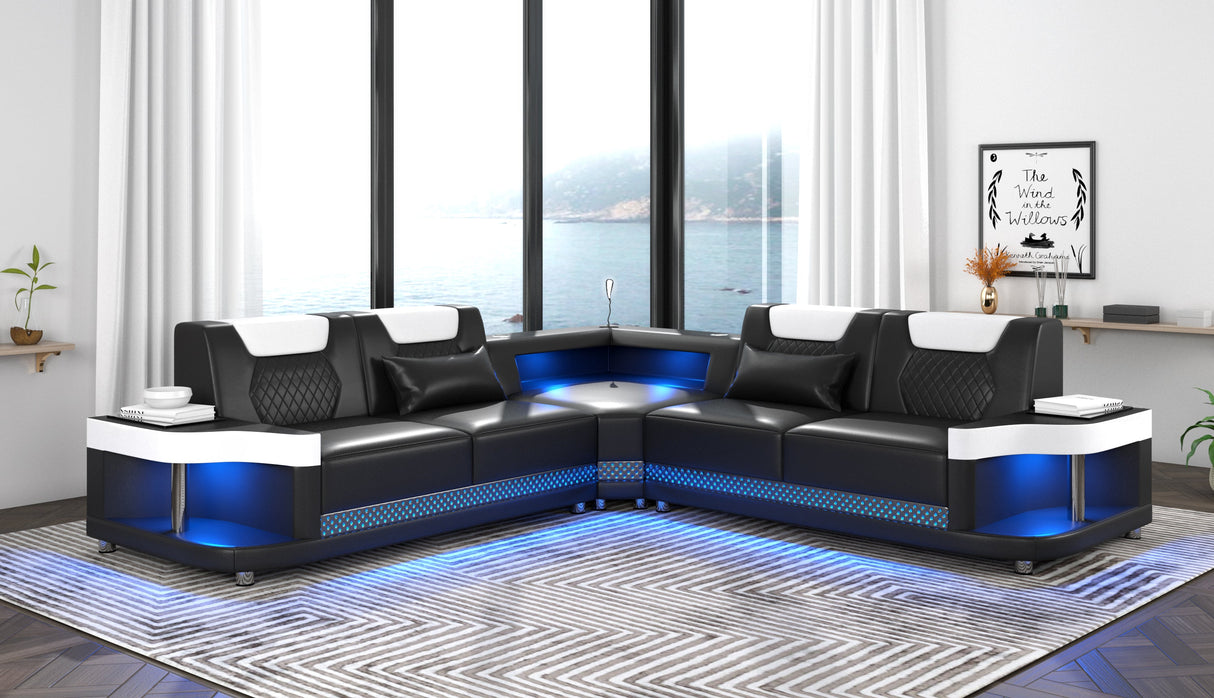 Angled view of the Sabrina LED sectional showing the high-contrast upholstery and modern silhouette.
