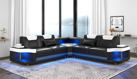 Angled view of the Sabrina LED sectional showing the high-contrast upholstery and modern silhouette.