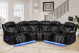 Alissa modern black corduroy sectional sofa with matching rectangular ottoman in a minimalist living room setting.