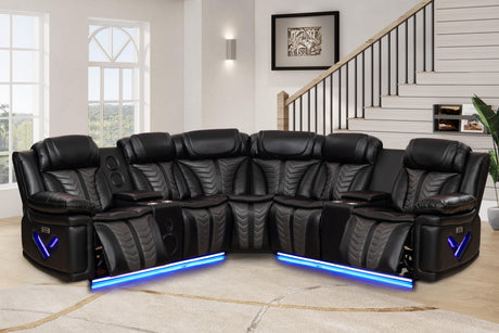 Alissa modern black corduroy sectional sofa with matching rectangular ottoman in a minimalist living room setting.