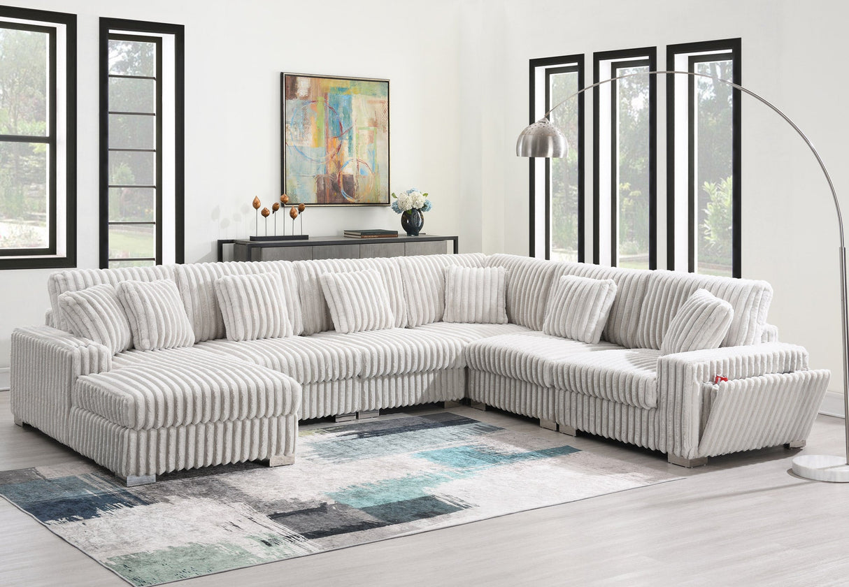 Deep brown ribbed shaggy velvet U-shaped sectional sofa front view