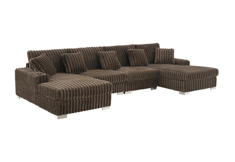 Detailed stitching on brown ribbed velvet sofa