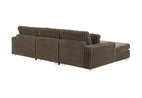 Modern apartment-style brown velvet sectional with chaise
