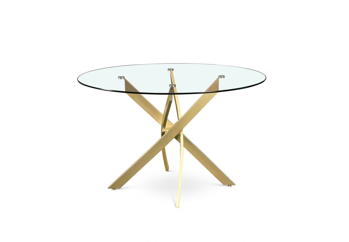 Emilia Round Glass Dining Table featuring a clear tempered glass top and a gold-finished metal crisscross base.