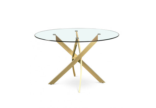 Emilia Round Glass Dining Table with Gold Crisscross Base - Minimalist & Compact Dining