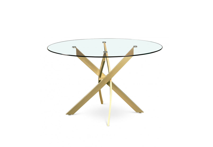 Emilia Round Glass Dining Table with Gold Crisscross Base - Minimalist & Compact Dining