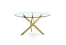 Emilia Round Glass Dining Table featuring a clear tempered glass top and a gold-finished metal crisscross base.