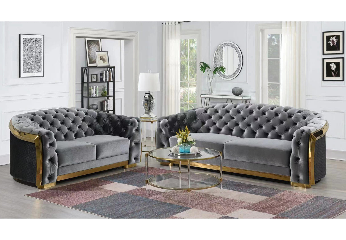 Front view of the FOAK Bronx II sofa showing three-cushion design and tapered wooden legs.