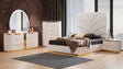 Laura Glam contemporary white and gold bedroom set showing bed, dresser, mirror, and nightstands.