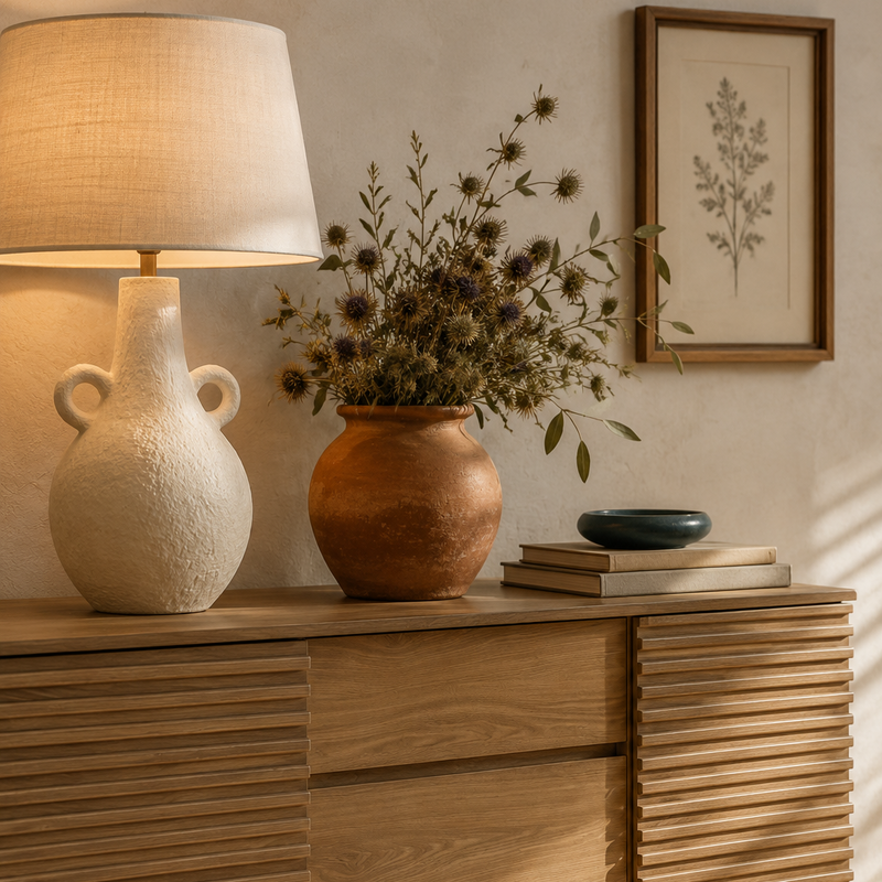 A warm-toned wooden sideboard or credenza in a styled interior, topped with a textured white table lamp, a terracotta vase with dried stems, books, and a small dark bowl. A framed botanical print hangs on the wall above.