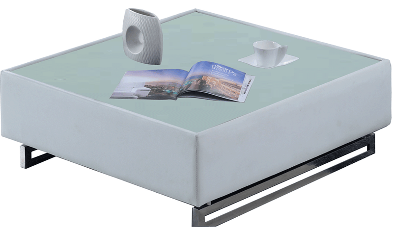 430 Square Leather Coffee Table with Glass Top - Contemporary Living Room Centerpiece in White