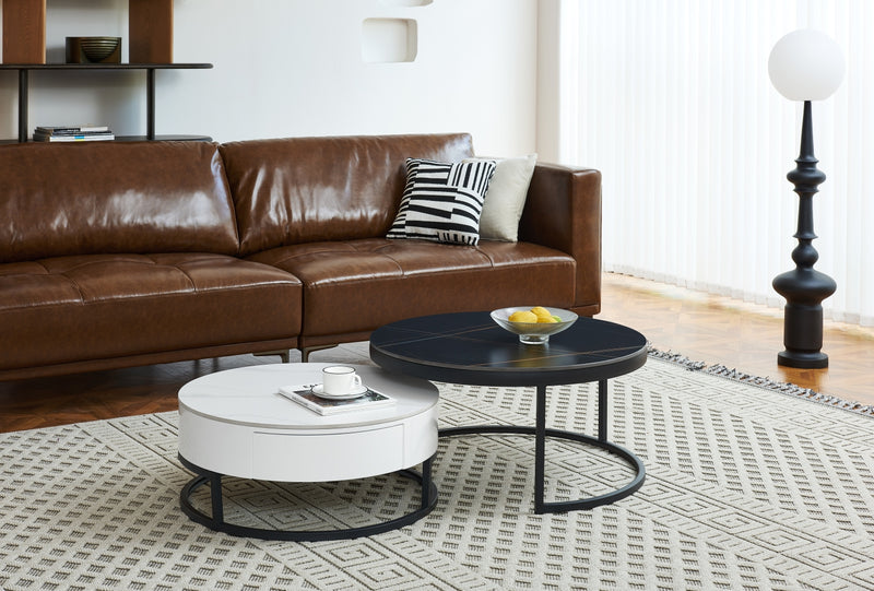 B038 Round Nesting Coffee Table Set - Black & White Slate Tops on Slim Metal Bases