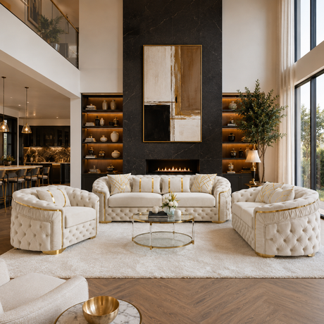 Luxury living room featuring a cream tufted sofa and two matching armchairs arranged around a round glass coffee table on a large white rug, set against a black marble wall with built-in shelves and a fireplace.