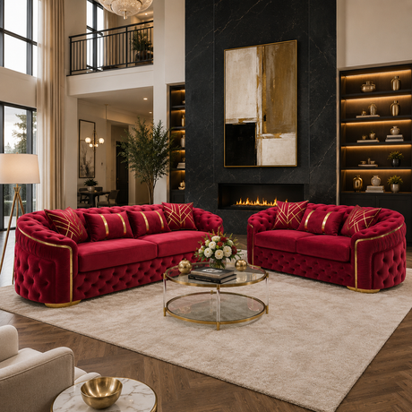 A luxury living room featuring two matching deep red tufted velvet sofas with gold trim, arranged on a large cream rug around a glass-top coffee table. The room has a black marble fireplace wall, built-in shelves, and a high ceiling with a balcony.