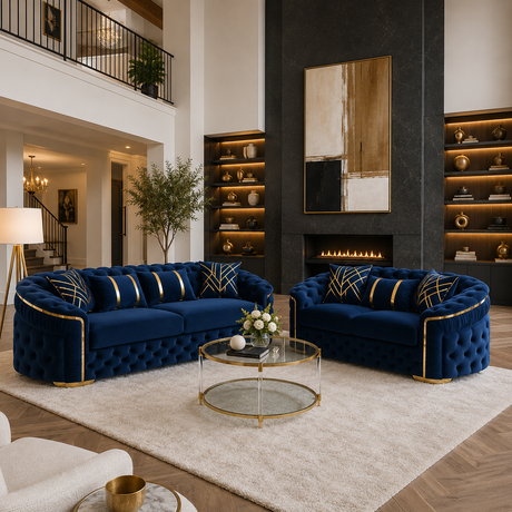 A luxury modern living room featuring two deep navy blue tufted velvet sofas with gold trim and matching throw pillows, arranged around a glass-top coffee table on a large cream rug.