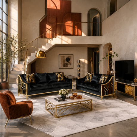Luxury modern living room featuring a black velvet sofa with gold geometric frame accents, a matching armchair, a gold coffee table, and a gray patterned rug in a sunlit contemporary interior.
