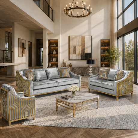 A luxury living room set featuring a light gray velvet sofa, matching armchair, and two chaise lounge chairs with geometric gold-patterned frames, arranged around a marble-top coffee table on a textured rug in a high-ceilinged modern interior.