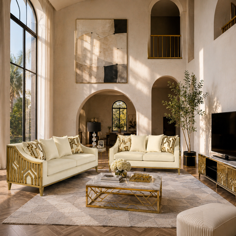 A luxury living room featuring a cream-colored sofa and matching armchair with ornate gold metal frames, styled with patterned pillows on a large gray rug. The room has high arched ceilings, warm beige walls, a marble coffee table with gold legs, and a flat-screen TV on a matching gold media console.
