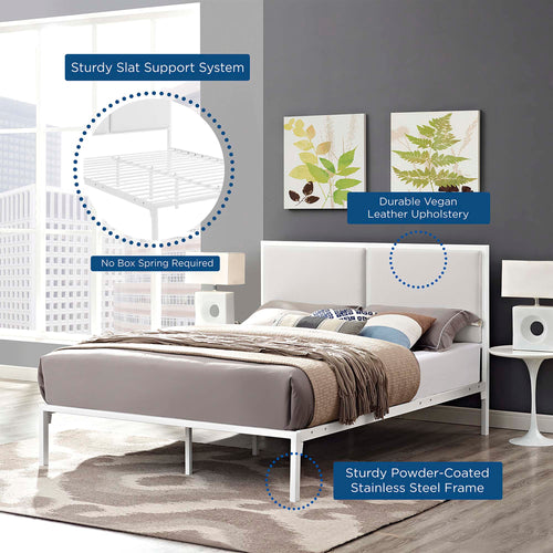 Della Fabric Platform Bed with Paired Headboard & Reinforced Steel Frame - Modern King Bed in White