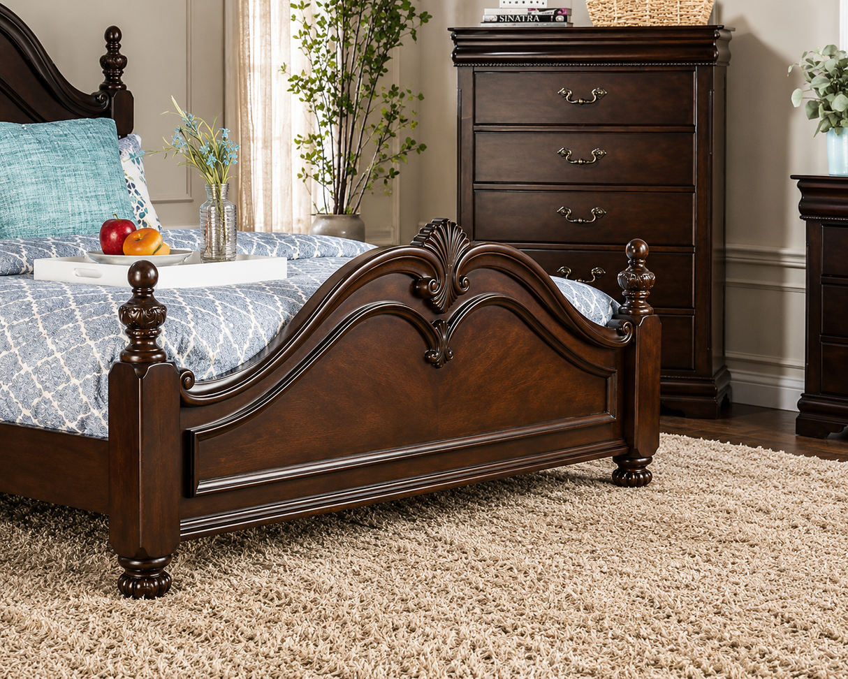 Mandura traditional queen bedroom set in cherry wood finish with English-style ornamental carvings, solid wood construction, and felt-lined top drawers.