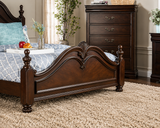 Mandura traditional queen bedroom set in cherry wood finish with English-style ornamental carvings, solid wood construction, and felt-lined top drawers.
