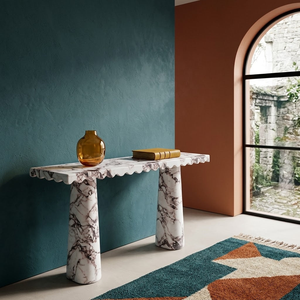 Janice 61-Inch Faux Breccia Marble Console Desk - Contemporary Style & Entryway Workstation