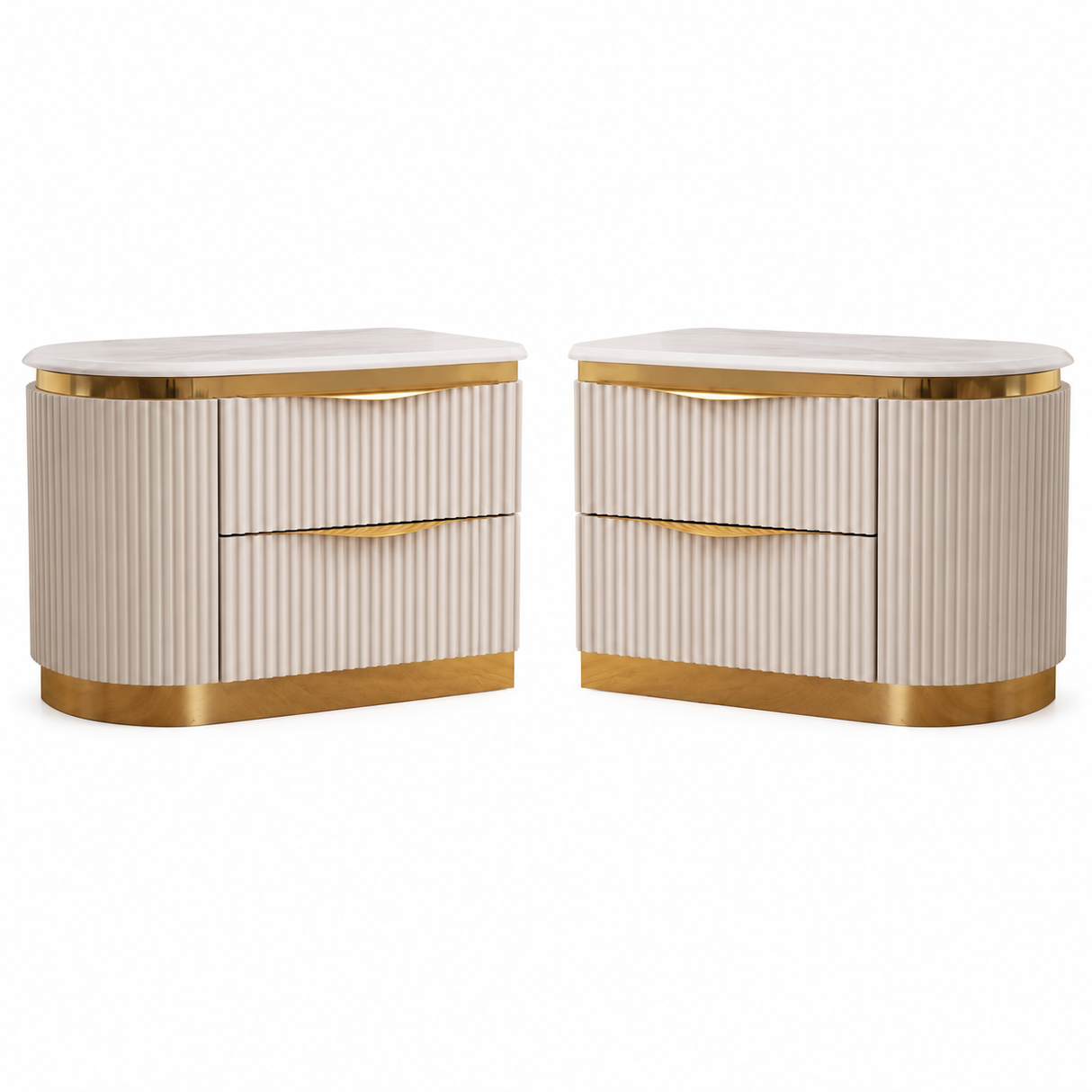A pair of modern nightstands with cream ribbed fronts, white marble tops, and gold metal trim and drawer pulls, shown on a plain white background.