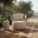 Paolo Cream Upcycled Basketweave Outdoor Accent Chair with Solid Eucalyptus Frame - Modern Coastal & Patio Seating