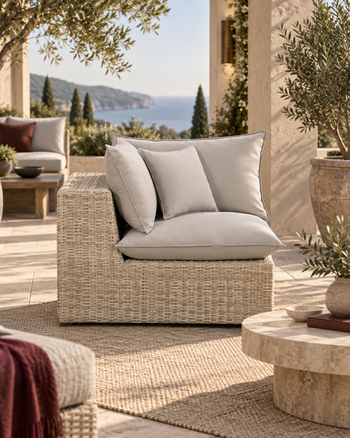 Cali Wicker Outdoor Corner Chair with Performance Fabric - Modern Patio & Modular Seating