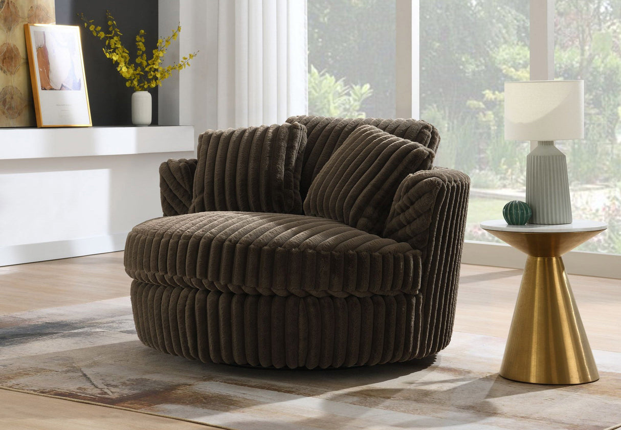 Front view of the Ava swivel chair showing the rounded backrest and ribbed velvet texture.