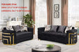 FOAK Ryan black velvet sofa with modern curved silhouette and gold trim accents
