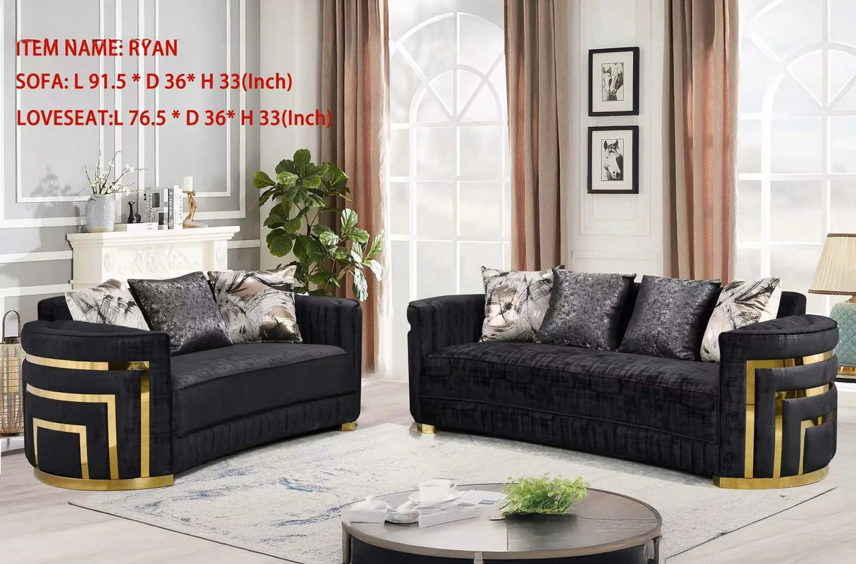 FOAK Ryan black velvet sofa with modern curved silhouette and gold trim accents