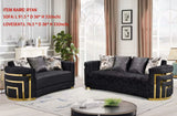 FOAK Ryan black velvet sofa with modern curved silhouette and gold trim accents