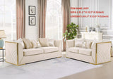 Modern living room arrangement featuring the Judy sofa and loveseat set with metallic gold trim.