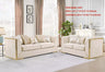 Modern living room arrangement featuring the Judy sofa and loveseat set with metallic gold trim.