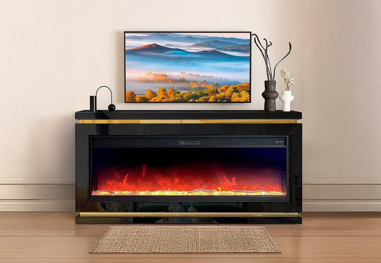 Front view of FOAK contemporary fireplace console featuring built-in Bluetooth speakers and LED lights.