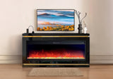 Front view of FOAK contemporary fireplace console featuring built-in Bluetooth speakers and LED lights.