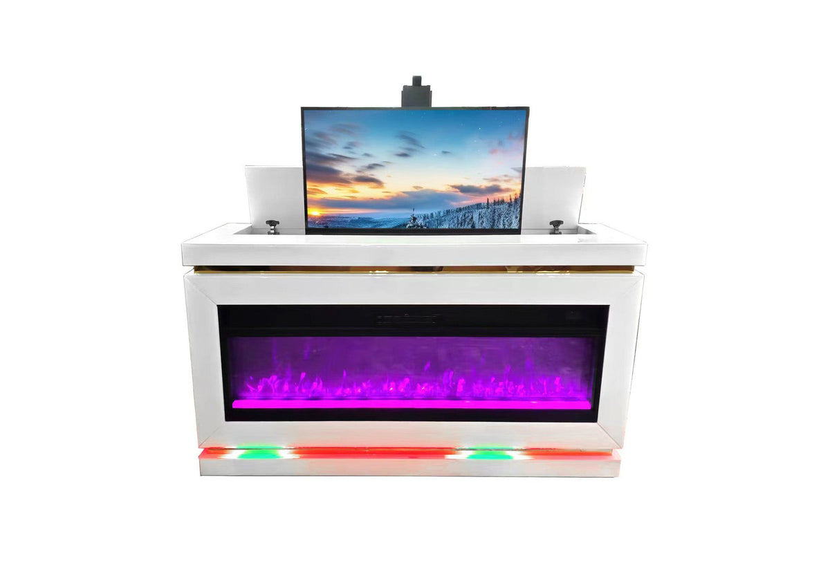 Full perspective of the contemporary Glen fireplace console in a modern living room setting.