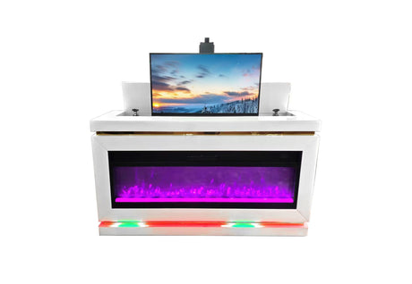 Full perspective of the contemporary Glen fireplace console in a modern living room setting.