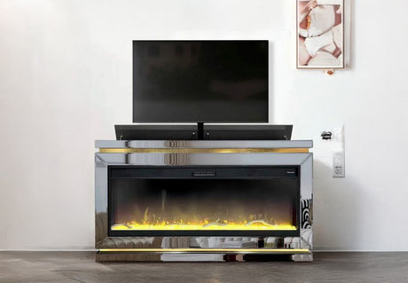 Modern entertainment center with color-changing LED top lights and matte black silhouette.